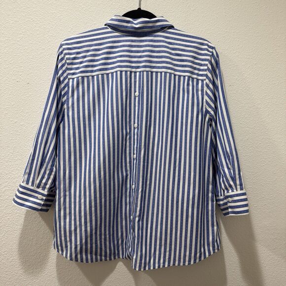 Chicos No Iron Shirt Womens Striped Stretch Blue White 3/4 Sleeve Casual Sz L - Picture 5 of 7